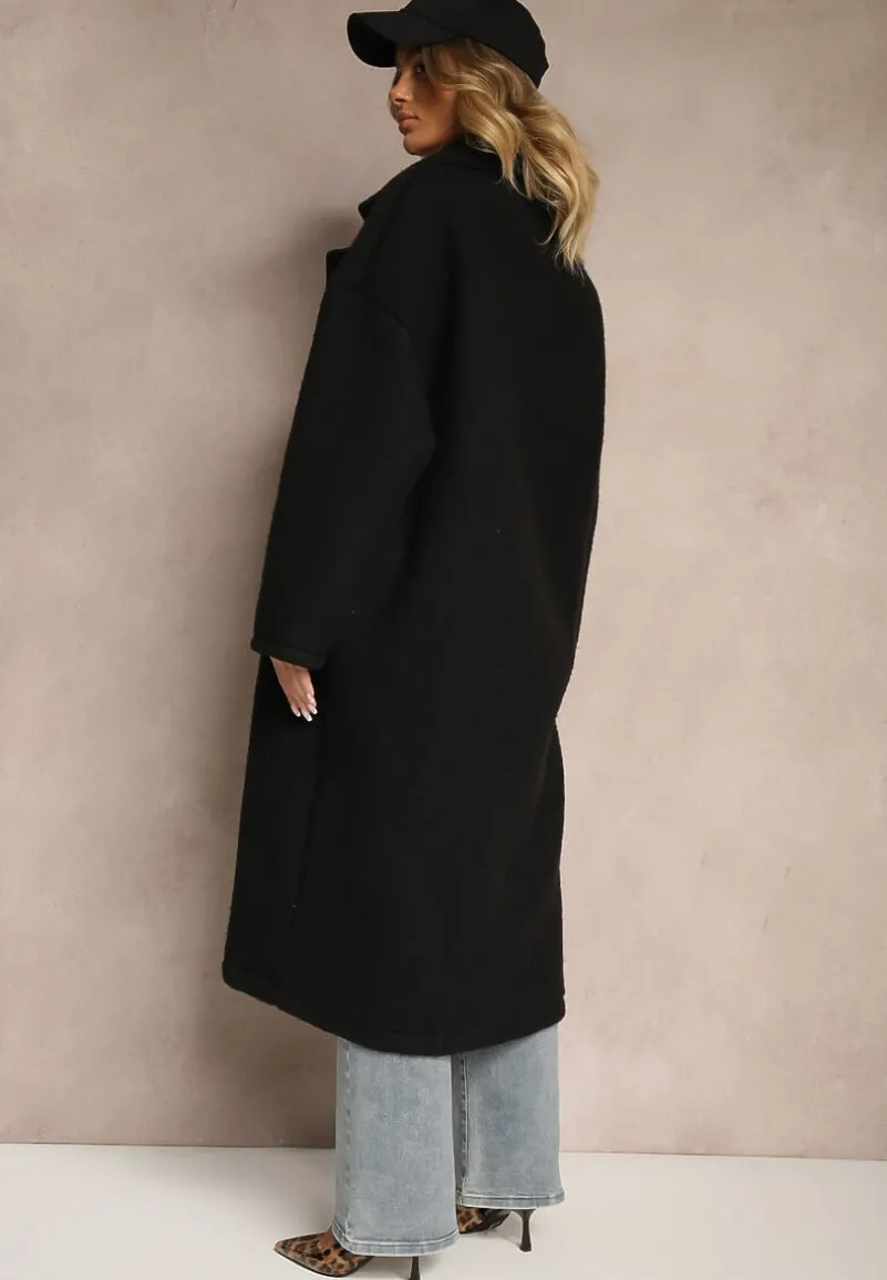 Czarny Długi Płaszcz Jednorzędowy o Kroju Oversize Vlekoma