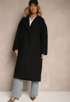 Czarny Długi Płaszcz Jednorzędowy o Kroju Oversize Vlekoma