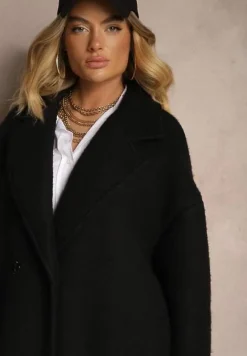 Czarny Długi Płaszcz Jednorzędowy o Kroju Oversize Vlekoma