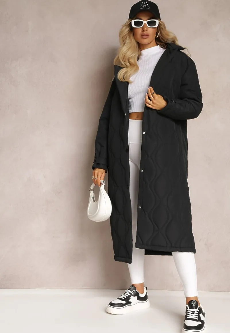 Czarny Długi Płaszcz Kurtka Ozdobiona Pikowaniem Hamid