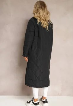 Czarny Długi Płaszcz Kurtka Ozdobiona Pikowaniem Hamid