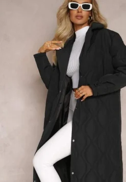 Czarny Długi Płaszcz Kurtka Ozdobiona Pikowaniem Hamid