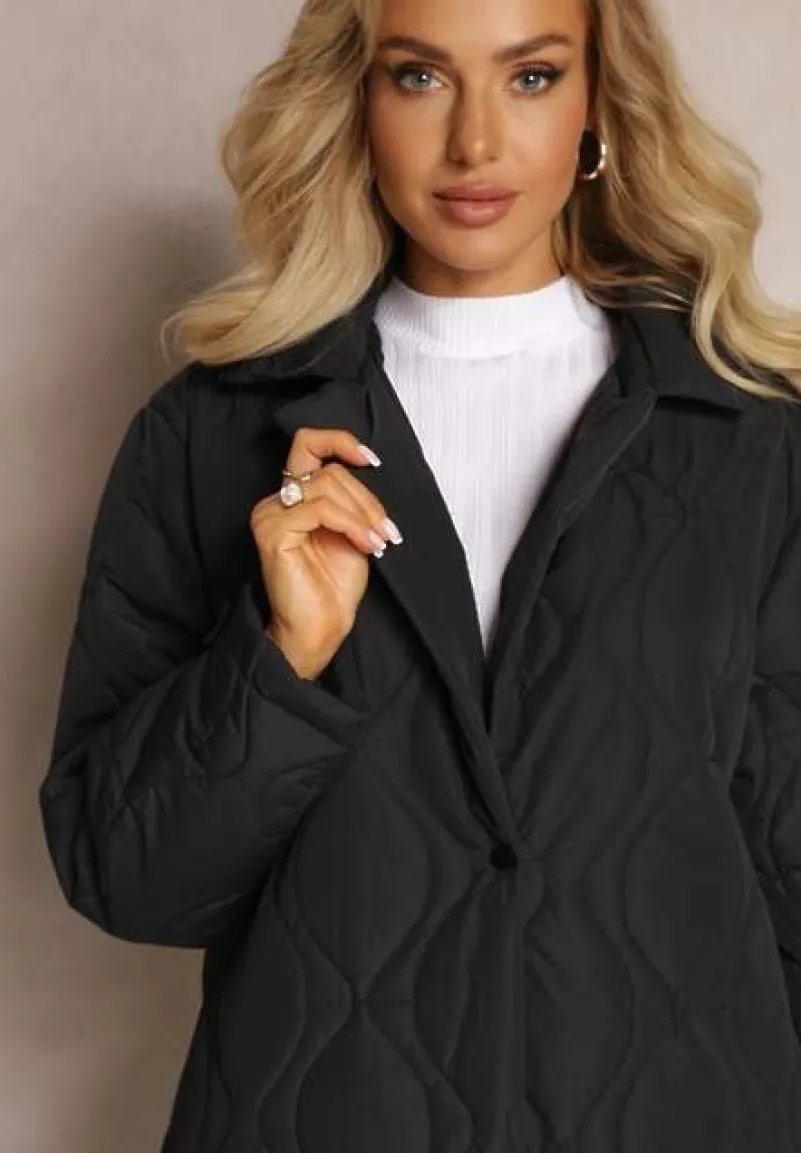 Czarny Długi Płaszcz Kurtka Ozdobiona Pikowaniem Hamid