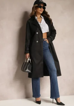 Czarny Długi Płaszcz Trencz Dwurzędowy z Paskiem w Komplecie Sabila