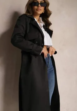 Czarny Długi Płaszcz Trencz Dwurzędowy z Paskiem w Komplecie Sabila