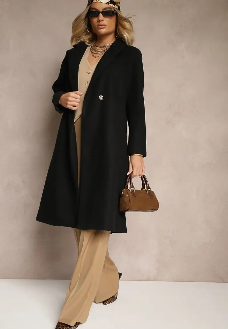 Czarny Długi Płaszcz z Biżuteryjnymi Guzikami Tudella