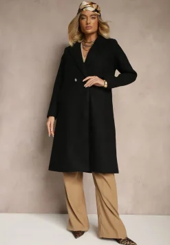 Czarny Długi Płaszcz z Biżuteryjnymi Guzikami Tudella