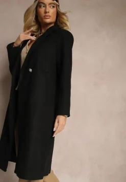 Czarny Długi Płaszcz z Biżuteryjnymi Guzikami Tudella