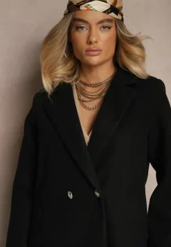 Czarny Długi Płaszcz z Biżuteryjnymi Guzikami Tudella