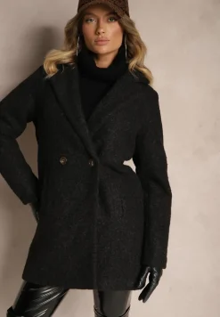 Czarny Dwurzędowy Płaszcz Boucle z Kieszeniami Enathea