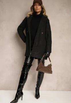 Czarny Dwurzędowy Płaszcz Boucle z Kieszeniami Enathea