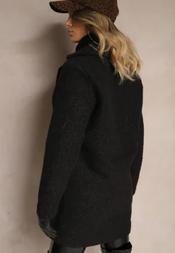 Czarny Dwurzędowy Płaszcz Boucle z Kieszeniami Enathea