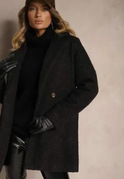Czarny Dwurzędowy Płaszcz Boucle z Kieszeniami Enathea