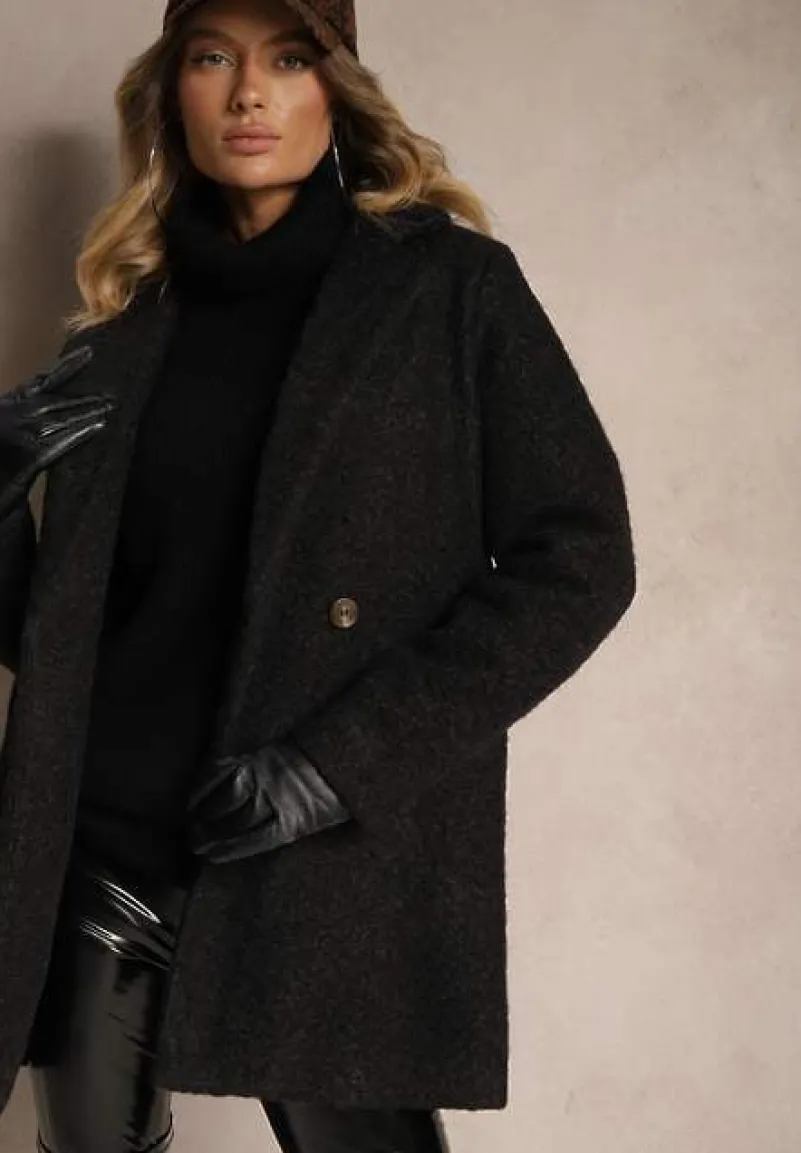Czarny Dwurzędowy Płaszcz Boucle z Kieszeniami Enathea
