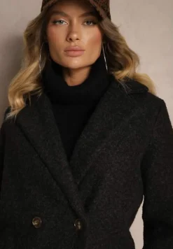 Czarny Dwurzędowy Płaszcz Boucle z Kieszeniami Enathea