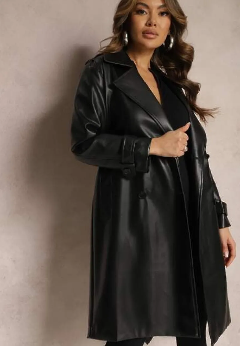 Czarny Dwurzędowy Płaszcz o Fasonie Trencza z Ekoskóry z Paskiem Musina