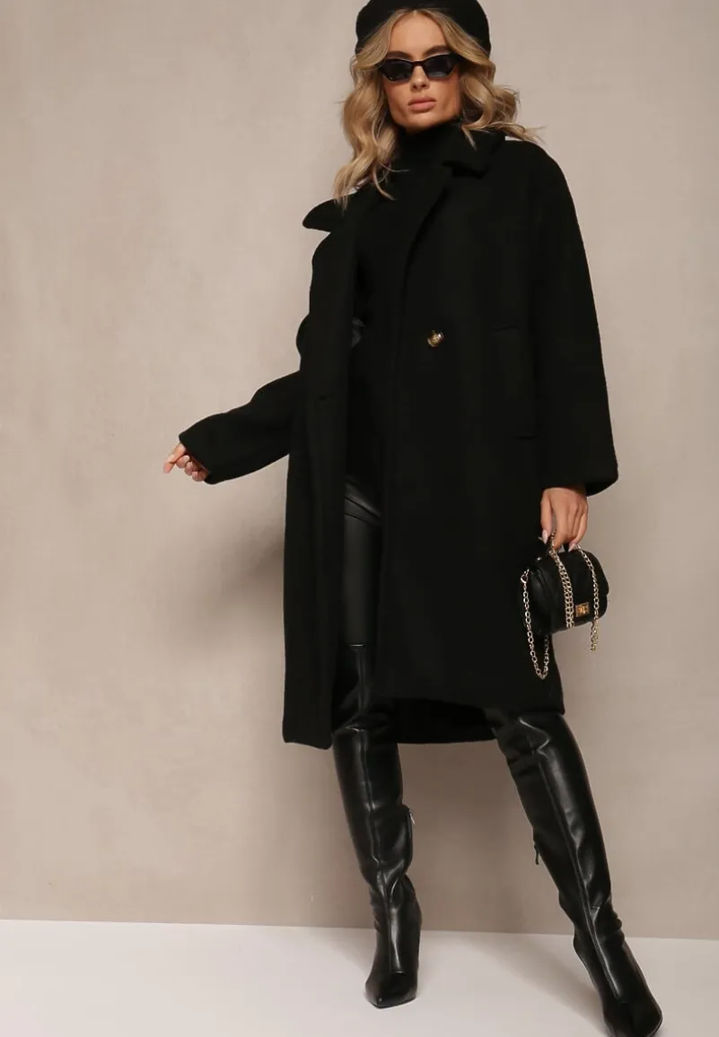 Czarny Dwurzędowy Płaszcz Oversize z Wełną Spolete