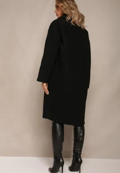 Czarny Dwurzędowy Płaszcz Oversize z Wełną Spolete