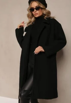 Czarny Dwurzędowy Płaszcz Oversize z Wełną Spolete