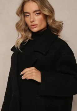 Czarny Dwurzędowy Płaszcz Oversize z Wełną Spolete