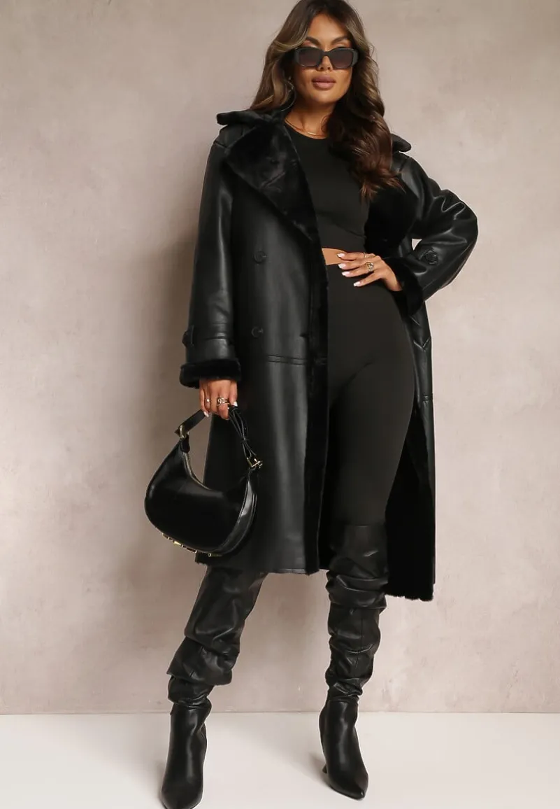 Czarny Dwurzędowy Płaszcz Oversize z Imitacji Skóry i Futerkiem Vess