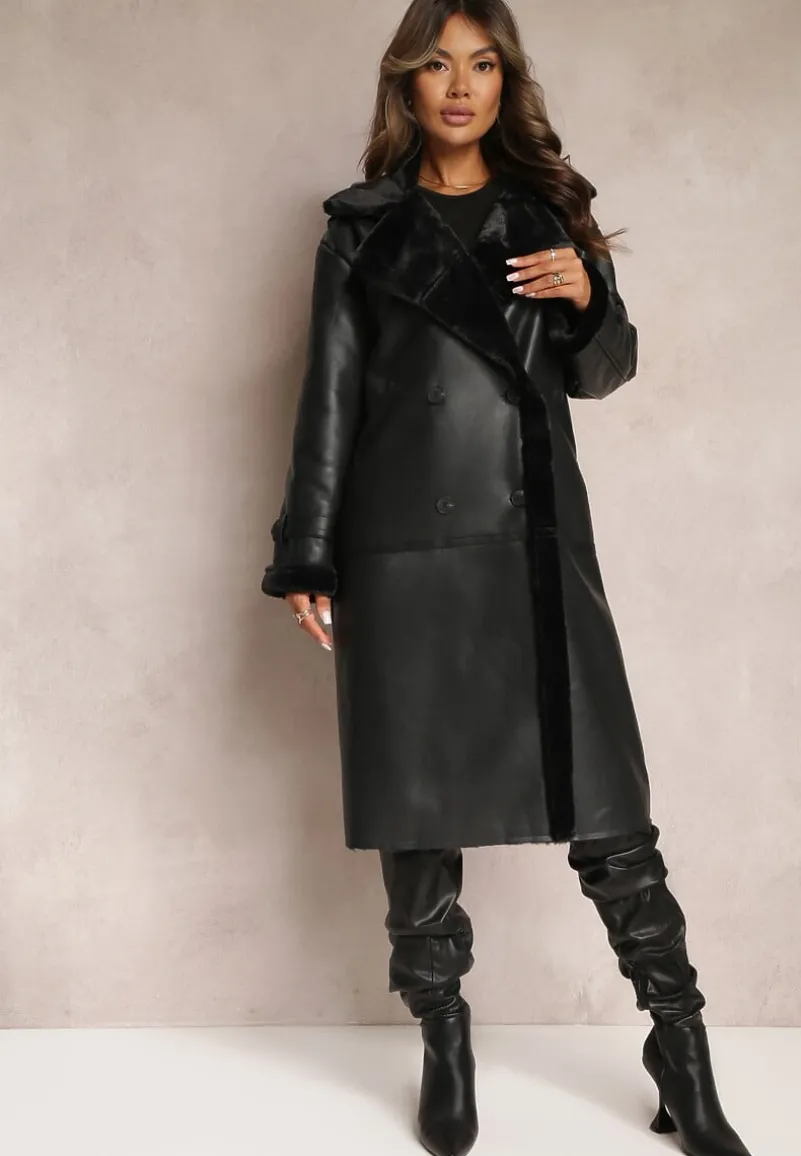 Czarny Dwurzędowy Płaszcz Oversize z Imitacji Skóry i Futerkiem Vess