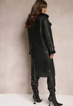 Czarny Dwurzędowy Płaszcz Oversize z Imitacji Skóry i Futerkiem Vess
