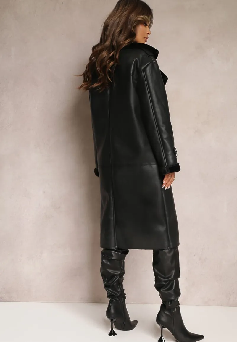 Czarny Dwurzędowy Płaszcz Oversize z Imitacji Skóry i Futerkiem Vess