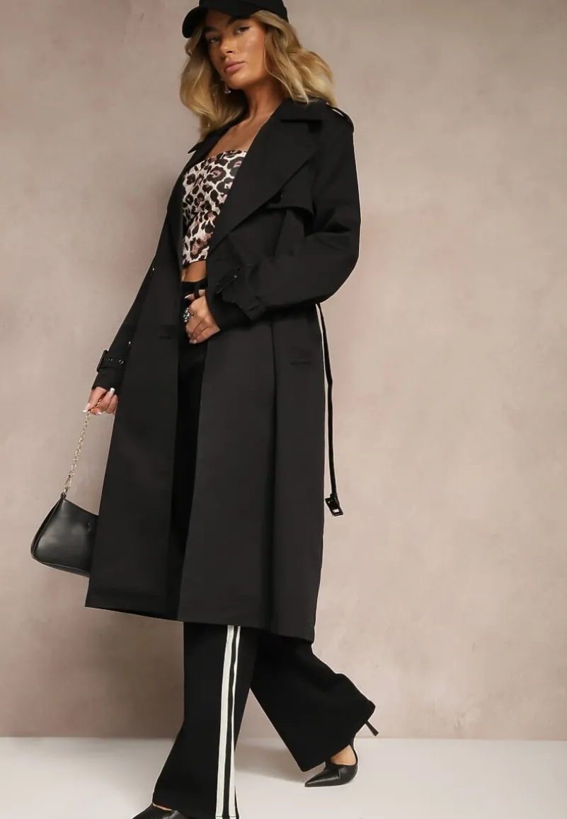 Czarny Dwurzędowy Płaszcz Trencz z Paskiem w Talii Mailaine