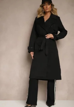 Czarny Dwurzędowy Płaszcz Trencz z Paskiem w Talii Mailaine