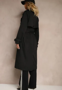 Czarny Dwurzędowy Płaszcz Trencz z Paskiem w Talii Mailaine