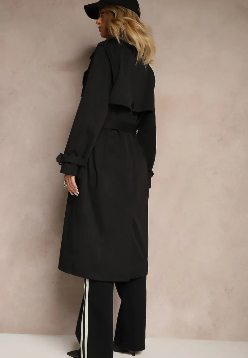 Czarny Dwurzędowy Płaszcz Trencz z Paskiem w Talii Mailaine