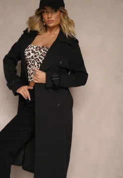 Czarny Dwurzędowy Płaszcz Trencz z Paskiem w Talii Mailaine