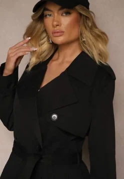 Czarny Dwurzędowy Płaszcz Trencz z Paskiem w Talii Mailaine