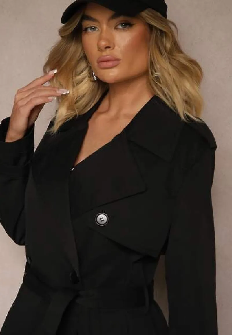 Czarny Dwurzędowy Płaszcz Trencz z Paskiem w Talii Mailaine