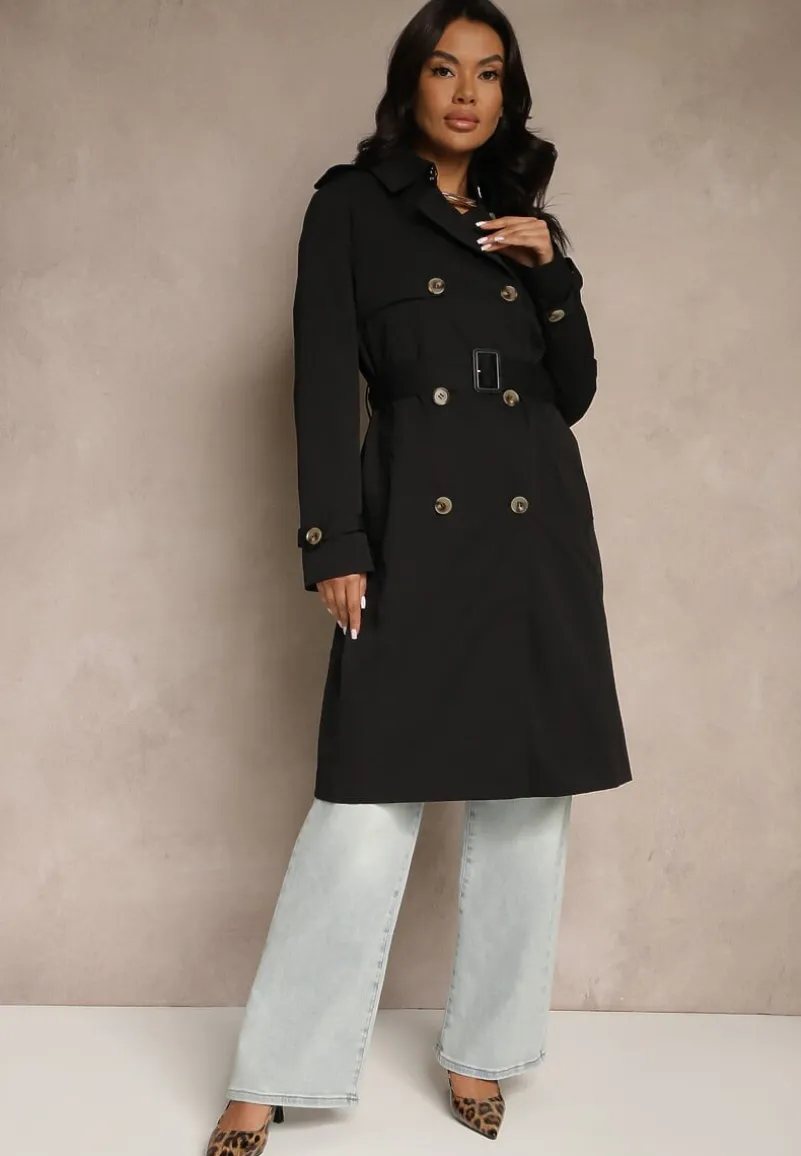 Czarny Dwurzędowy Płaszcz Trencz z Paskiem i Elegancką Klapą Fireti