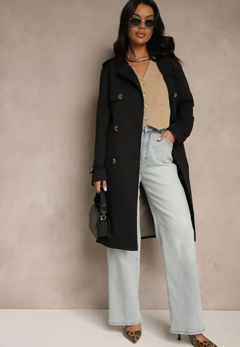 Czarny Dwurzędowy Płaszcz Trencz z Paskiem i Elegancką Klapą Fireti