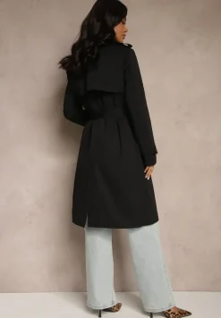 Czarny Dwurzędowy Płaszcz Trencz z Paskiem i Elegancką Klapą Fireti