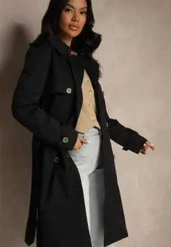 Czarny Dwurzędowy Płaszcz Trencz z Paskiem i Elegancką Klapą Fireti