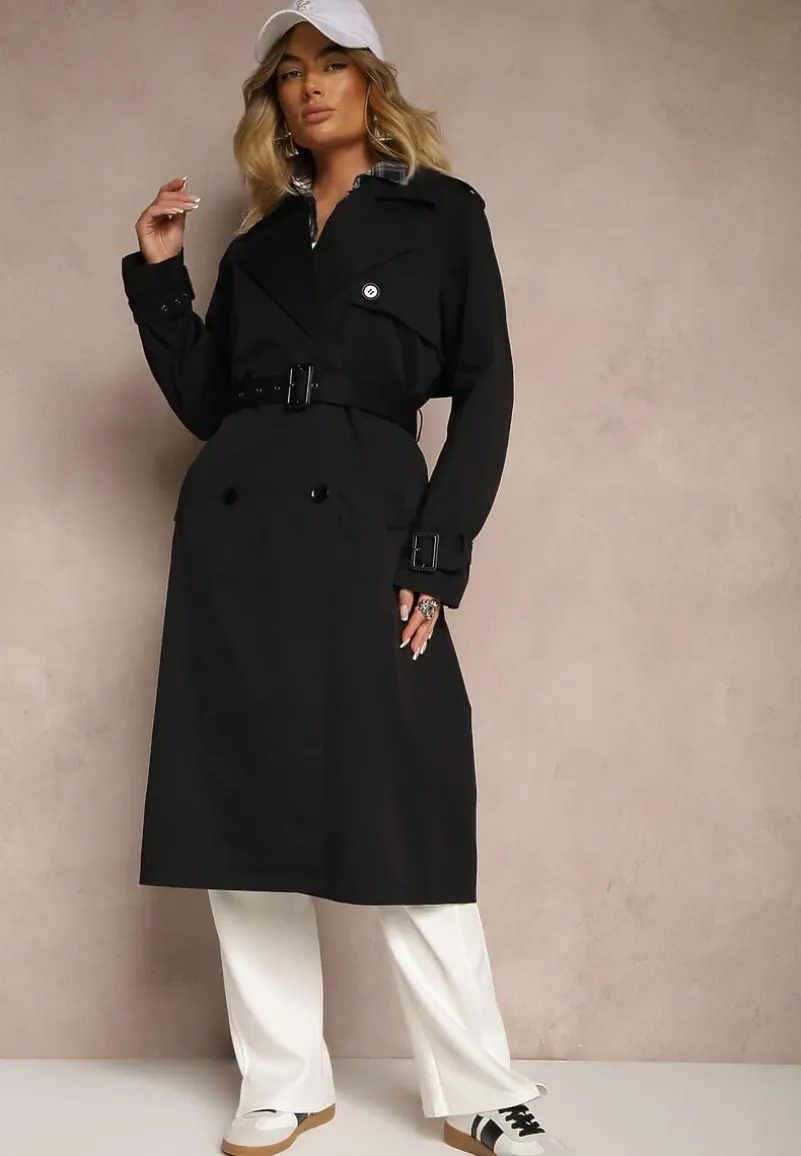 Czarny Dwurzędowy Płaszcz Trencz Ozdobiony Regulowanymi Paskami na Rękawach i w Talii Irisae
