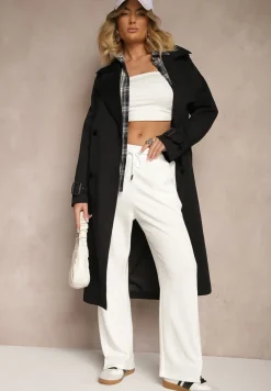 Czarny Dwurzędowy Płaszcz Trencz Ozdobiony Regulowanymi Paskami na Rękawach i w Talii Irisae