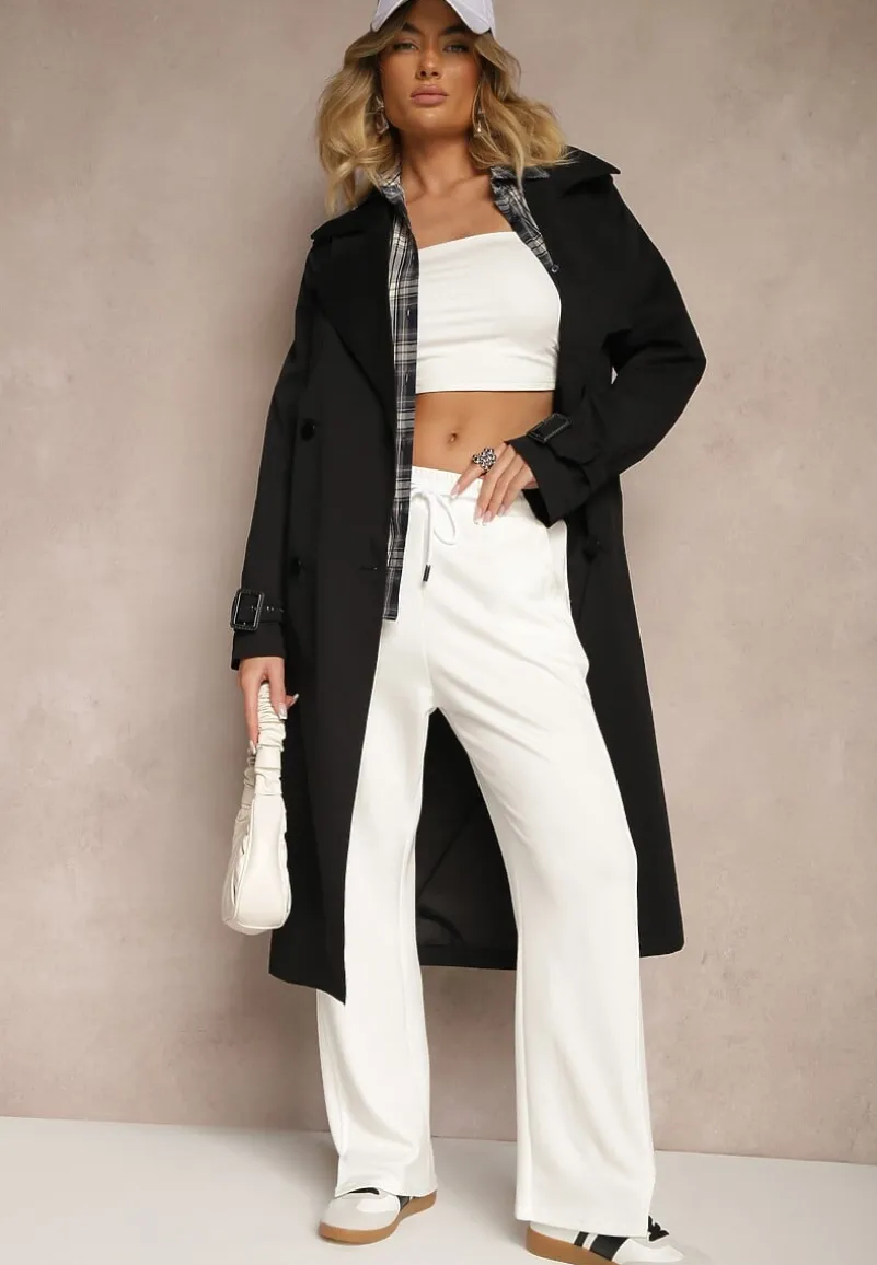 Czarny Dwurzędowy Płaszcz Trencz Ozdobiony Regulowanymi Paskami na Rękawach i w Talii Irisae