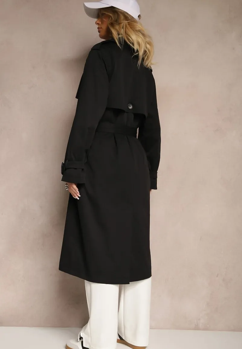 Czarny Dwurzędowy Płaszcz Trencz Ozdobiony Regulowanymi Paskami na Rękawach i w Talii Irisae