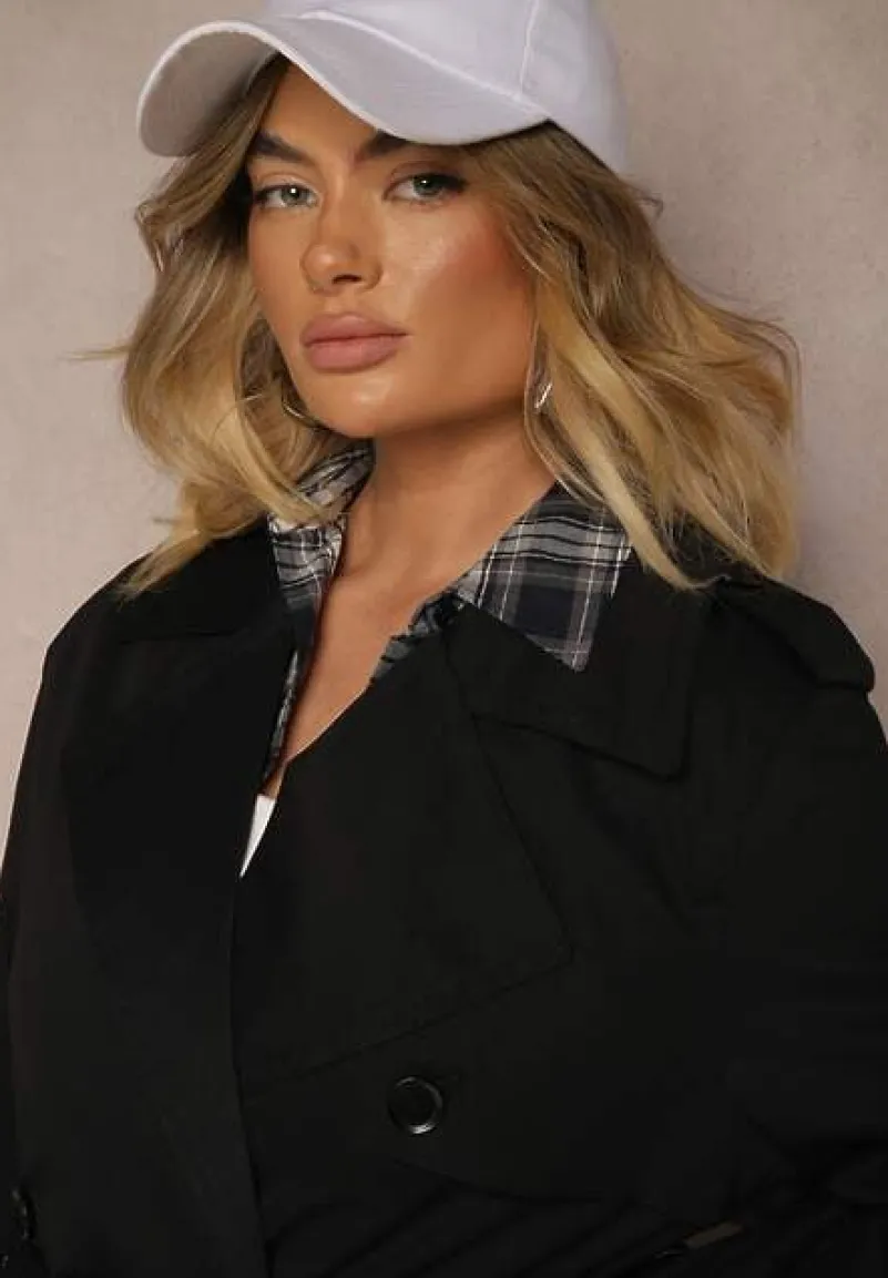 Czarny Dwurzędowy Płaszcz Trencz Ozdobiony Regulowanymi Paskami na Rękawach i w Talii Irisae