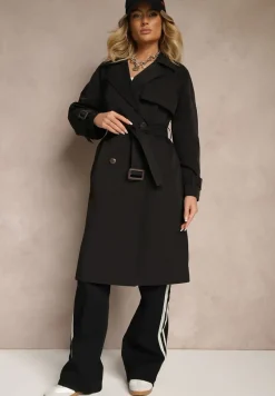 Czarny Dwurzędowy Płaszcz Trencz z Paskiem Ninnolia