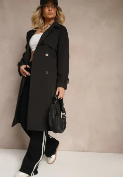 Czarny Dwurzędowy Płaszcz Trencz z Paskiem Ninnolia