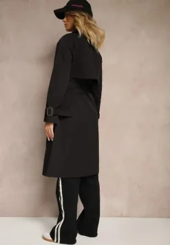 Czarny Dwurzędowy Płaszcz Trencz z Paskiem Ninnolia