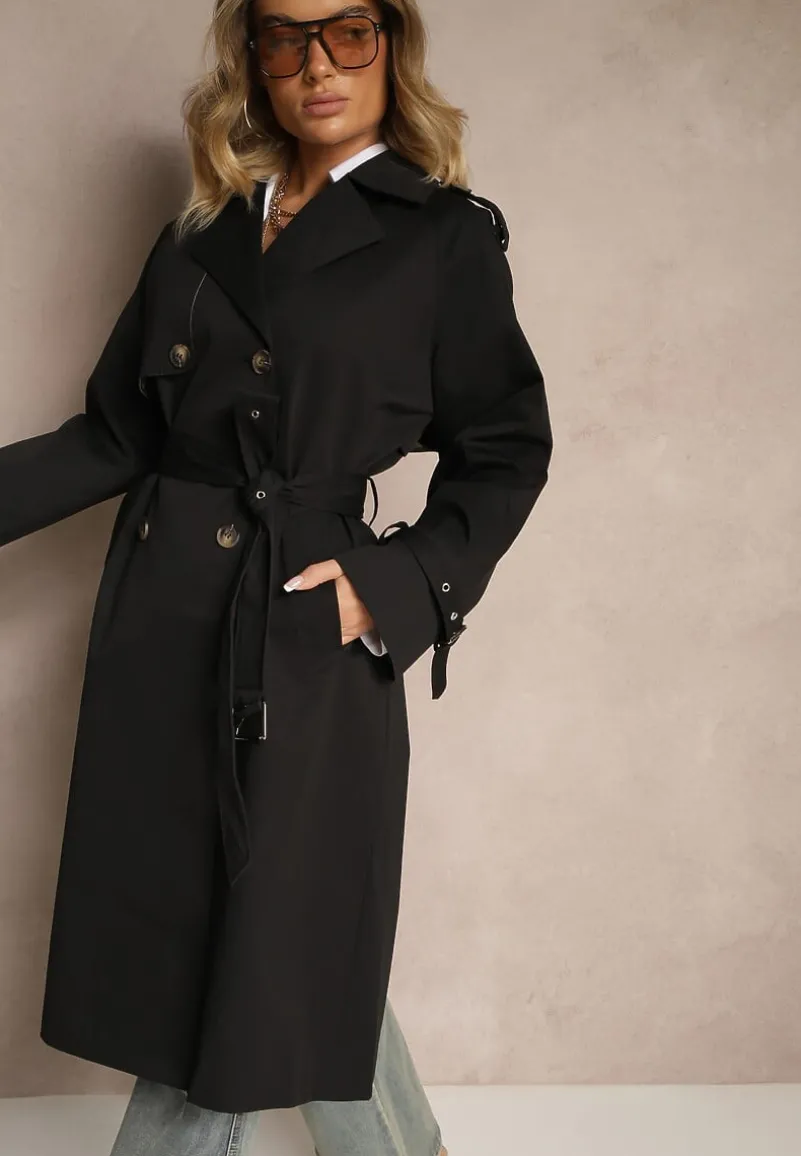 Czarny Dwurzędowy Płaszcz Typu Trencz z Pagonami i Paskiem w Talii Malwizia