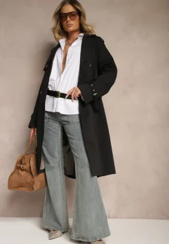 Czarny Dwurzędowy Płaszcz Typu Trencz z Pagonami i Paskiem w Talii Malwizia