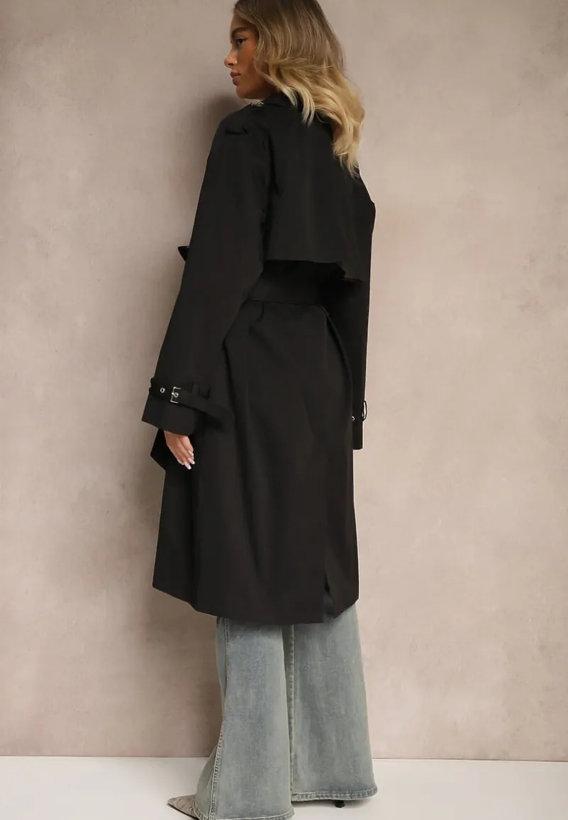 Czarny Dwurzędowy Płaszcz Typu Trencz z Pagonami i Paskiem w Talii Malwizia
